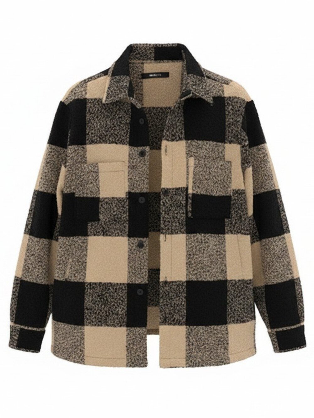 Fashion Nova Men Black Cream Buffalo Plaid Boucle Knit Shacket Shirt Jacket M